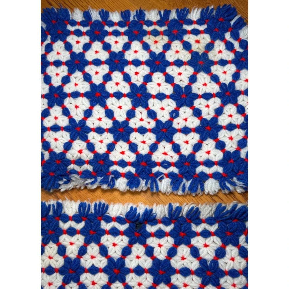 Vintage Handmade Crochet Loom Knit Placemats Blue Red White Geometric Patriotic